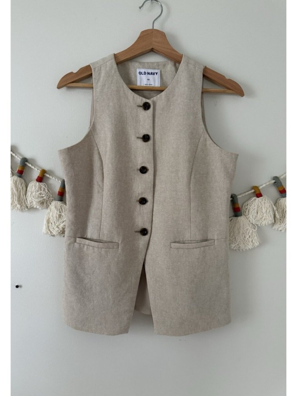 Old Navy Linen Blend Button Front Sleeveless Vest Neutral Lined Modest Preppy XS